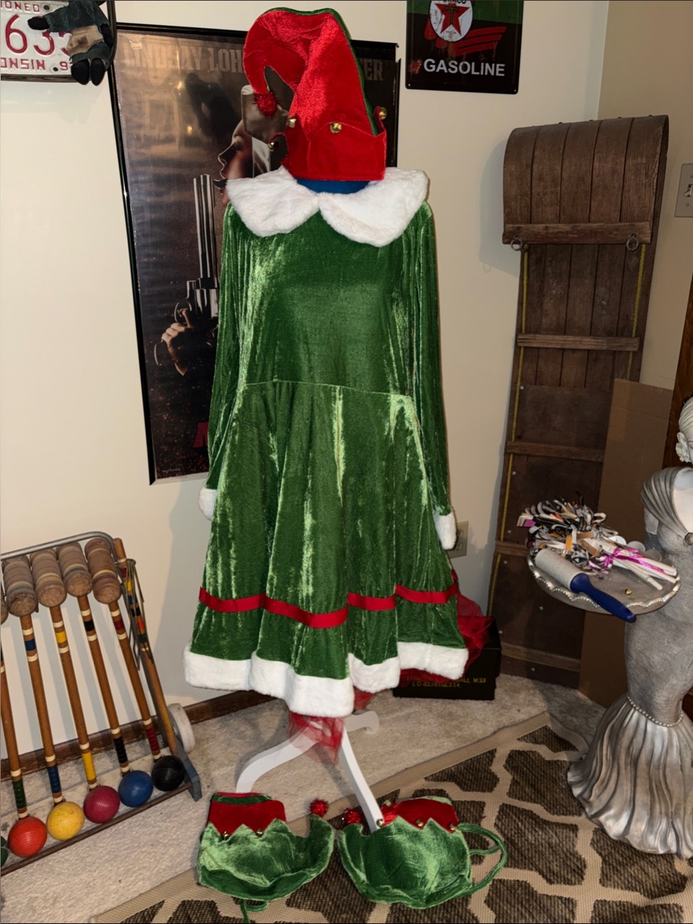 WGreen Velvet Holiday Elf Dress with Red Hat and White Trim. Cosplay/Halloween